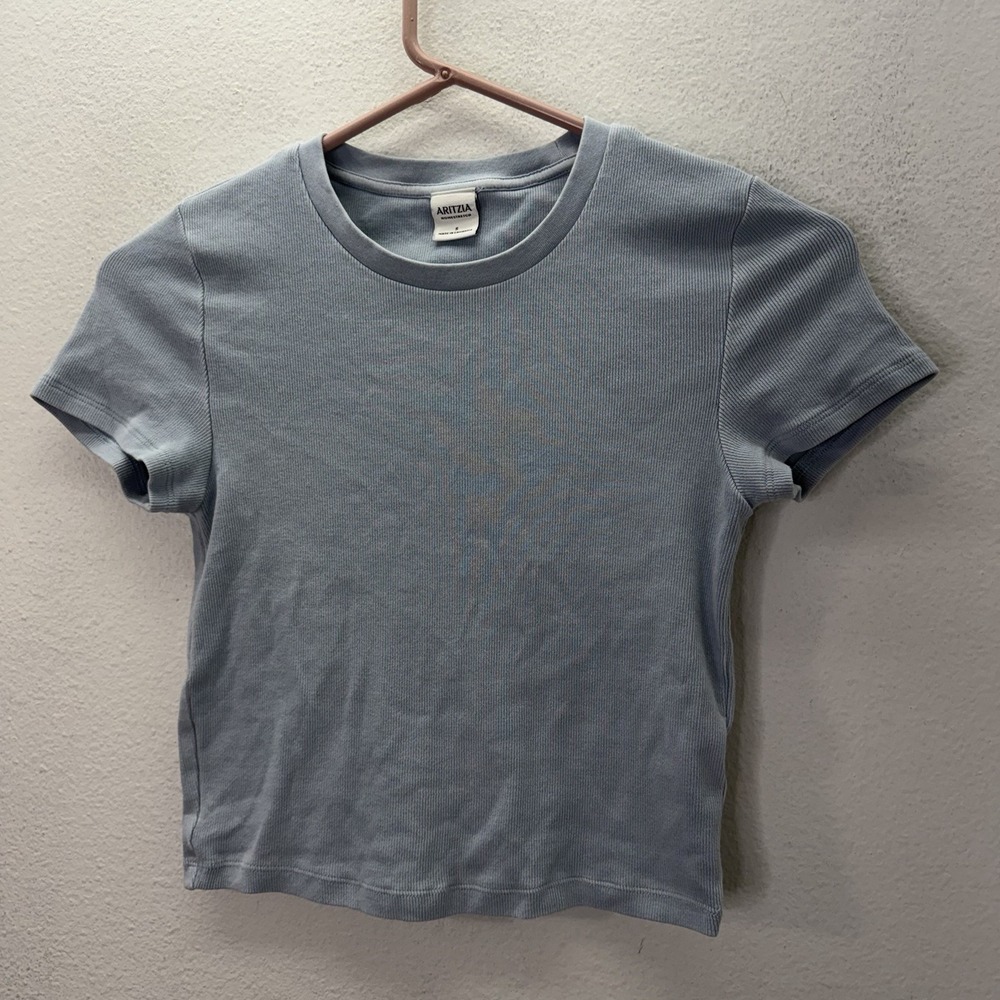 Aritzia HomeStretch™ Ribbed Crewneck Cropped Baby Tee T-Shirt Top SZ S Blue